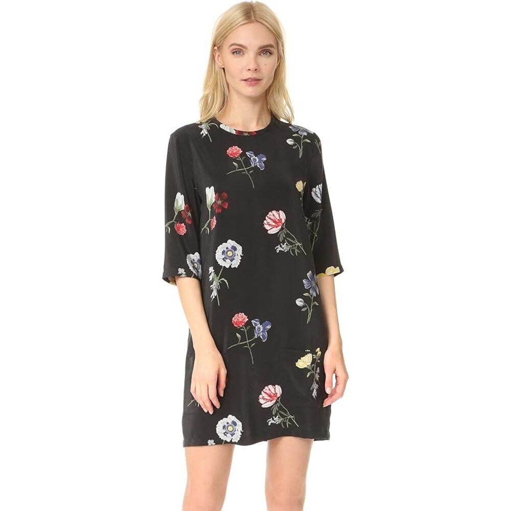 Equipment Femme Aubrey Silk Black Floating Floral Mini Shift Dress, Small